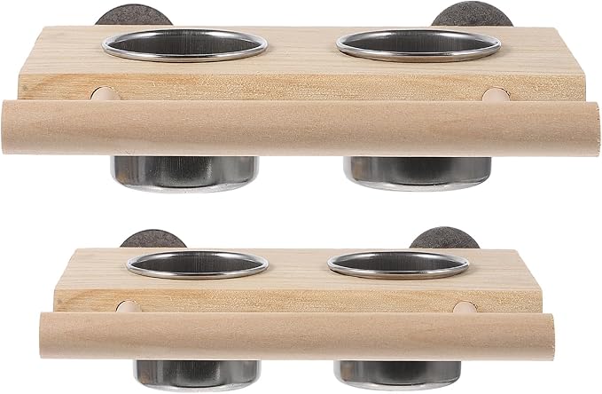 Yardwe Parrot Food Cups and Stainless Steel Feeding Bowls with Wood Stand, 2pcs Set (Small Large) for Bird Cage Feeding and Watering Supplies