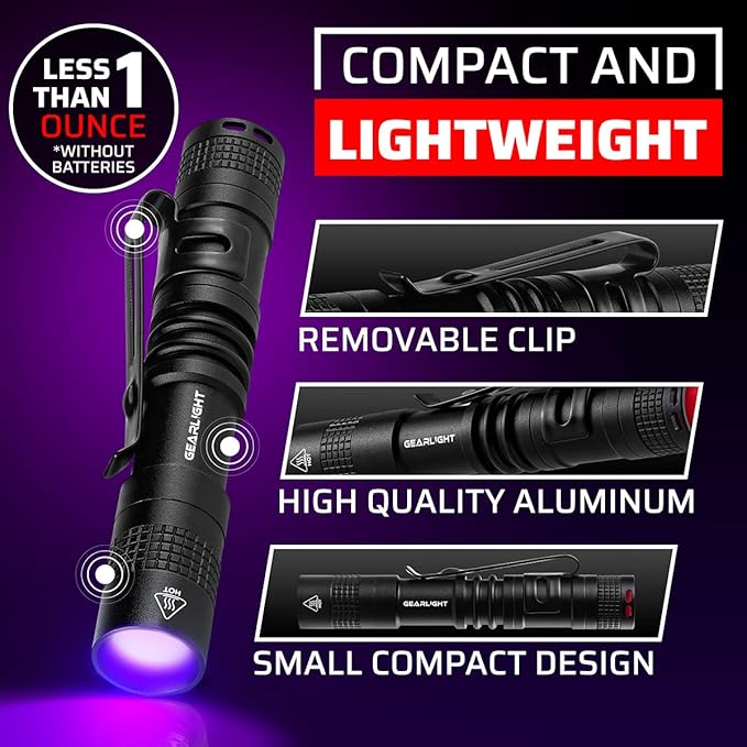 GearLight UV Flashlight S50-365 nm Mini Blacklight Ultraviolet Pen Flashlights for ID Check, Leak AC Detection, Resin Curing - Pet Urine, Scorpion, Stain Handheld Detector - (Pocket Light) - 2 Pack
