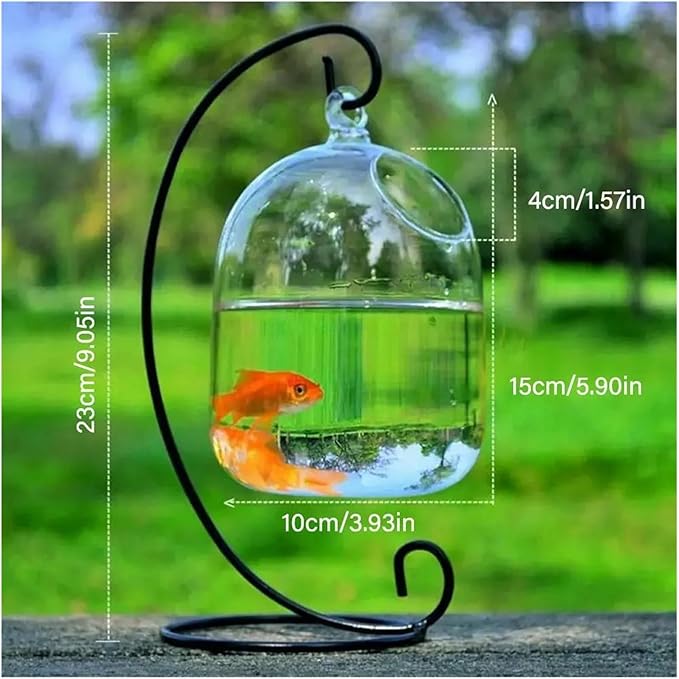 Transparent Hanging Glass Aquarium Fish Tank Bowl - Stylish Round/Rectangle Shape with Rack Holder for Home Decoration(Black-01)