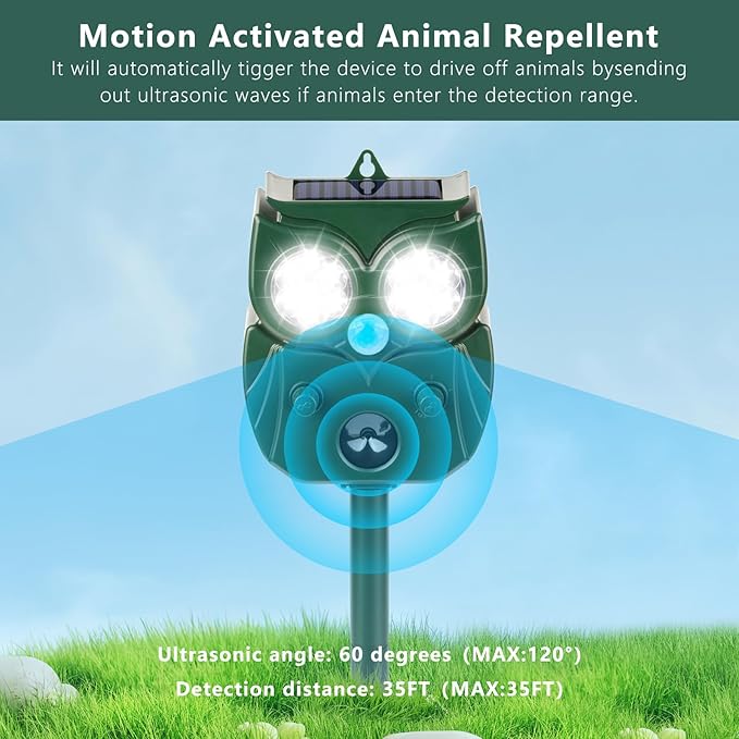 4 Pack 2026 Ultrasonic Animal Repellent Outdoor Deer Repellent Devices Solar Animal Repeller Motion Activated Deterrent to Scare Cat Squirrel Rabbit Raccoon Skunk with LED Flash Lights for Yard Lawns