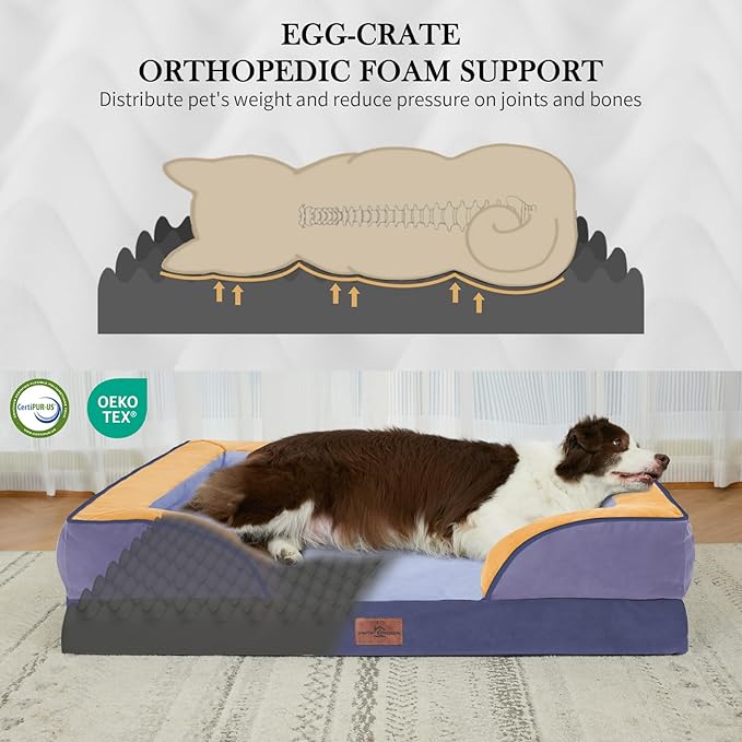 Comfort Expression Orthopedic Dog Bed for Extra Large Dogs 45x35 Inch, Waterproof Egg Crate Foam XL Pet Bed with Removable Bolsters, Dog Couch with Washable Cover & Non-Slip Bottom, Twilight Wave