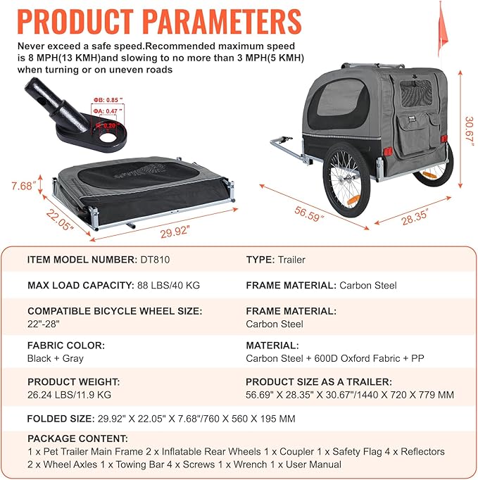 VEVOR Dog Bike Trailer, Supports up to 88 lbs, Pet Cart Bicycle Carrier, Easy Folding Frame with Quick Release Wheels, Universal Bicycle Coupler, Reflectors, Flag, Collapsible to Store