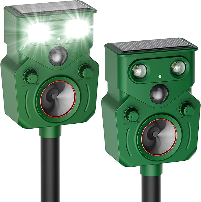 2 Packs Ultrasonic Animal Repeller Solar Powered, Cat Repellent Outdoor with Motion Sensor, Waterproof Deer Deterrent with LED Flash Light, Effective Repels Invasive Animal for Raccoon, Skunk, Dog