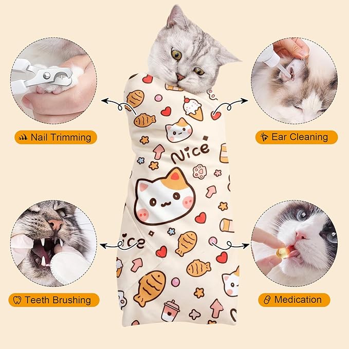 27.6 In Cat Grooming Wrap Self-Adhesive, Cat Wrap for Cutting Nails, Orange Anti-Escape Cat Restraint for Nail Clipping Cat Swaddle Wrap Cat Wrapping Cloth for Pet Cleaning and Beauty (Within 15lbs)