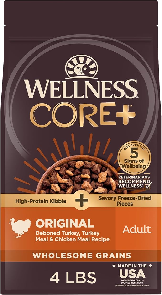Wellness CORE+ Adult Dry Dog Food with Freeze Dried Pieces, Wholesome Grain Kibble+, Natural, High Protein, Turkey and Chicken Recipe, 4 lb Bag
