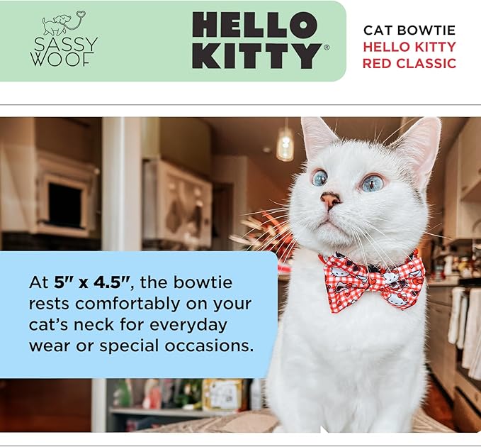 Sassy Woof Hello Kitty® Red Bowtie for Cats – Velcro Straps, Durable, Comfortable, Patented Design, Stylish Pet Accessory