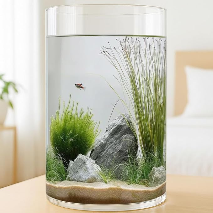 Maxdot 3.2 Gallon Cylindrical Glass Fish Tank Solid Base, 360° Full View Desktop Aquarium Starter, Easy to Maintain Small Microfauna for Betta Snails Shrimp Aquatic Planting and Small Plant Terrarium