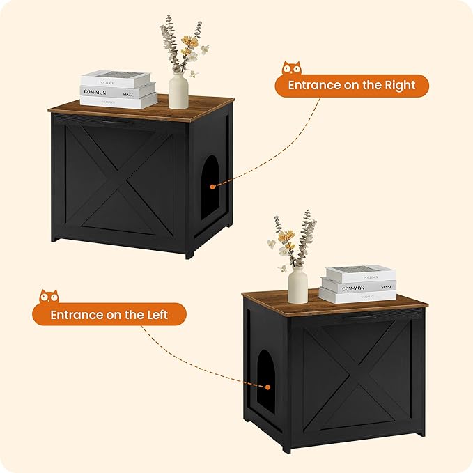 Dwanton Cat Litter Box Furniture Hidden, Cat Litter Box Enclosure, Reversible Entrance Can Be on Left or Right Side, Indoor Cabinet, Wooden Washroom, Nightstand, Black and Warm Brown, 23.6" L
