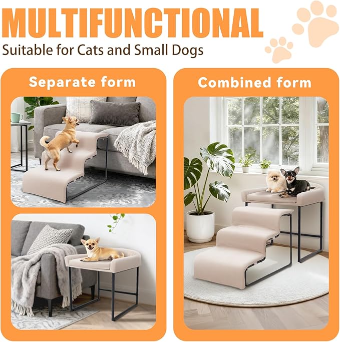 Dog Window Perch with Stairs, Pet Stairs Ramp with Seat, Dog Perch to Look Out Window with Ramp, Lounge Elevated Dogs Bed, Small Pet Step, Multi-Level Platform with Foam Upholstery