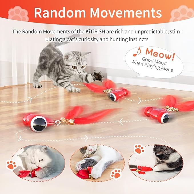 Interactive Cat Toys The Kitifish Rechargeable Automatic Cat Toy for Indoor Cats with Feather and Bell Fast Rolling on Hard Carpet Motion Activate Kitten Toys