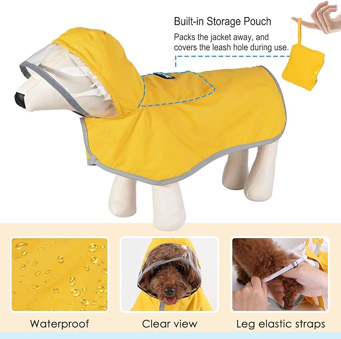 Lukovee Dog Raincoat, Adjustable Dog Rain Jacket with Clear Hooded Double Layer for Large Medium Small Dogs Puppies, Waterproof Rain Coat Poncho with Reflective Storage Pocket & Rim (Yellow, XXL)