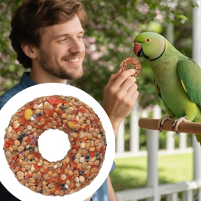 Cockatiel Treats - Donut Shape Bird Chew Toy, Training Snack, Natural Grain Teether | Enrichment Accessory for Lovebirds Parakeets Conures Aviary Cage, Fun Interactive Supplies for Pet Birds
