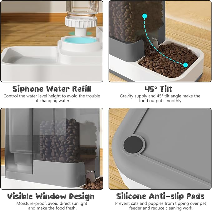 Automatic Cat Feeder and Water Dispenser, 2 in 1 Gravity Pet Food Feeder and Water Dispenser Detachable Cat Food Dispenser for Small Dogs and Cats, Gray