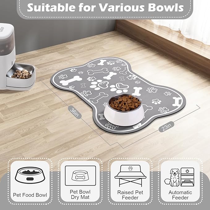 Dog Cat Food Mat,Rapid Absorbent Pet Feeding Mat, Bone Shaped Dog Placemat Water Bowl Mat with Rubber Backing,No Stains Dog Cat Food Mats Indoor, Pet Accessories Supplies 23"x36" Grey