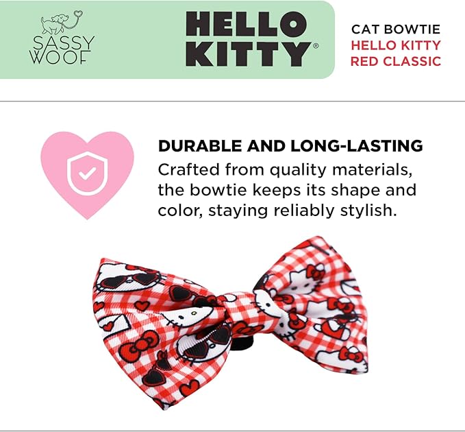 Sassy Woof Hello Kitty® Red Bowtie for Cats – Velcro Straps, Durable, Comfortable, Patented Design, Stylish Pet Accessory