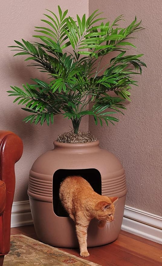 Good Pet Stuff Hidden Litter Box Planter, Decorative Cat Litter Enclosure with Carbon Filter, Artificial Plant, Easy Clean, Indoor Design, Original Round Style, Base Kit, Mocha Brown