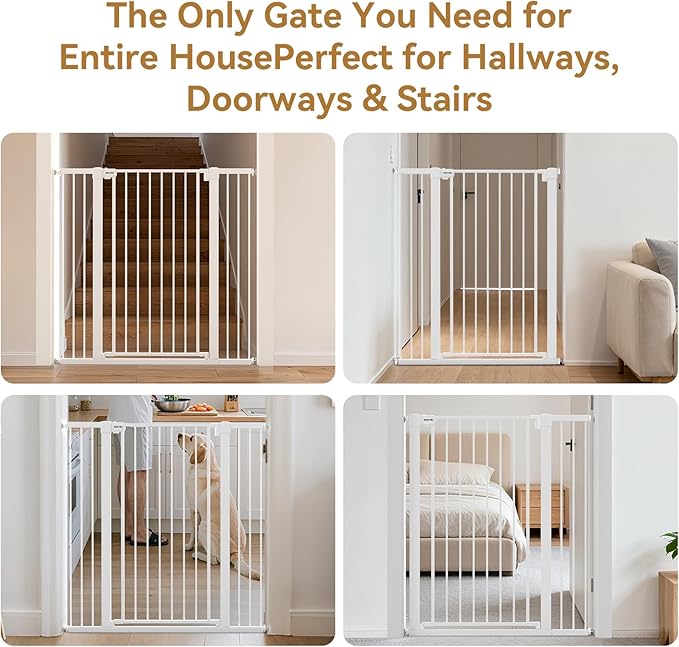 43 inch Tall Safety Dog Gate Adjustable 29.7-57 inch Extra-Wide Metal Pet Gate Drill-Free Pressure-Mount Installation kit Self-Closing Cat Gate for Stairwells、Doorways（White）