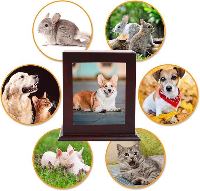 BRKURLEG Dog Urns for Ashes, Wood Pet Urn with Photo Frame, Pets Ashes Box Cremation for Cat Dog, Memorial Box for Dogs, Animal Wood Urn, Suitable for Most Pets
