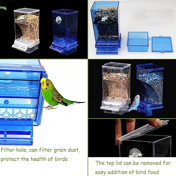 kathson No-Mess Bird Feeder Parrot Integrated Automatic Feeder Seed Food Container Acrylic Finch Foraging Feeders with Perch Cage Accessories for Small Birds Parakeet Canary Cockatiel Lovebirds