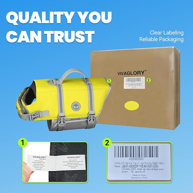 VIVAGLORY Rip Stop Dog Life Vest, Swimming Vest with Handle, Buoyancy for Doggy Puppy, Dog Life Jacket for Swimming & Boating, XXS, Yellow Grey