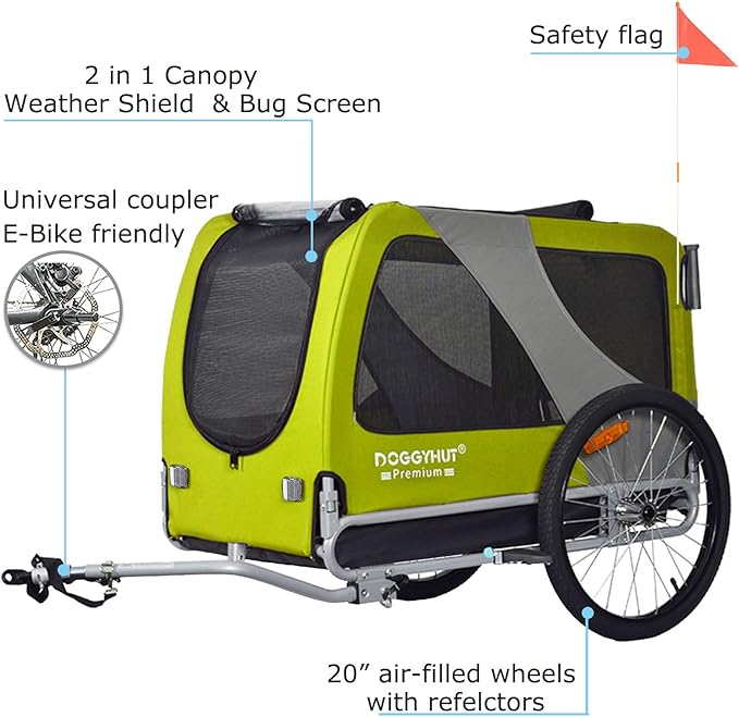 DOGGYHUT® Premium Large/XL Pet Bike Trailer & Stroller for Large Sized Dog or Multiple Small Dogs,Low Center of Gravity,Parking Brakes,Easy Folding Frame,Bicycle Carrier
