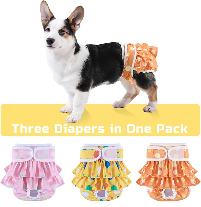 Washable Dog Diapers Female 3 Pack Reusable Premium Highly Absorbent Puppy Diapers, Flexible Doggie Diapers, Durable Leak-Proof Dot Doggy Diapers for Period Heat Incontinence Potty Training, S