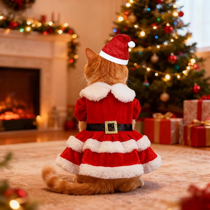Cat Dog Christmas Dress Outfit Cat Christmas Dress with Santa Hat Costume Holiday Outfit Clothes for Cats Puppy XS Small Dogs (Medium)
