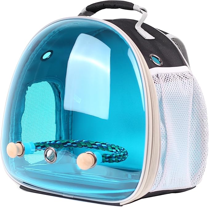 Polarized Tinted Blue Bubble Small Bird Carrier Travel Cage, Portable Bird Carry Backpack with Stainless Steel Tray and Standing Perch for Parakeet Cockatiel Budgies