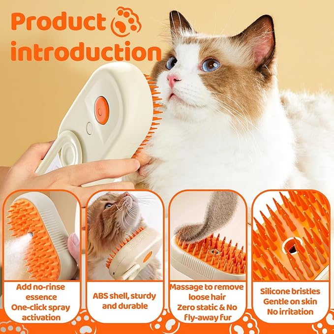 Pet Steam Brush, Shower Bath Brush, Grooming Water Brushes for Long & Short Haired Pets, Cat Steam Brush, Dog Brush for Shedding, Mist Spray Hair Removal Comb (Orange)