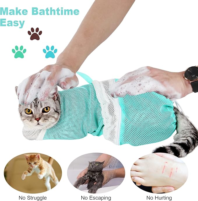 Cat Bag for Bathing Set with Grooming Washing Bag Adjustable Pet Shower Brush - Cat Bathing Mesh Bag Anti Scratch Anti Bite Soft Durable for Cats & Dogs Restraint Grooming Nail Trimming Washing