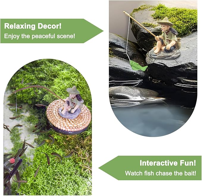 Floating Fish Tank Decorations, Resin Fisherman Aquarium Decor with Realistic Mini Fishing Rod, Fun Fish Feeder Aquarium Ornaments for Guppy Betta and Small Schooling Species Interactive Toy