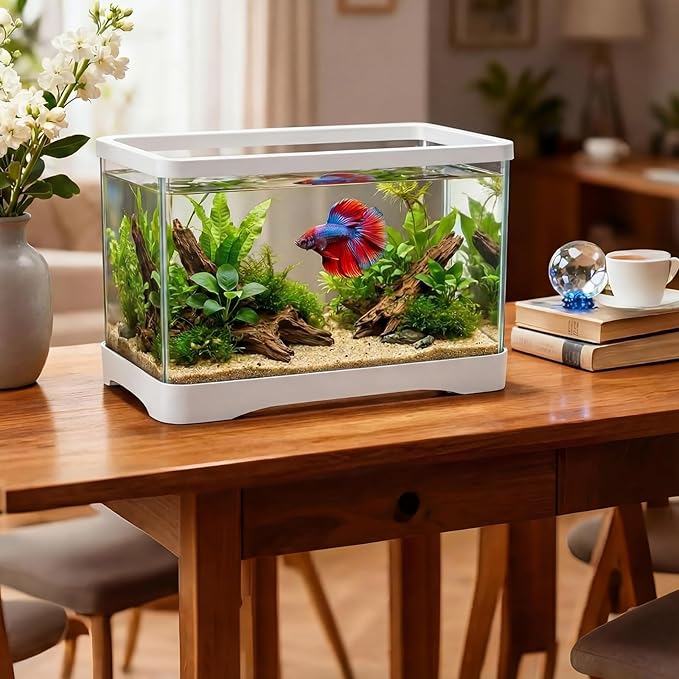 Geelin 2 Gallon Plastic Rectangular Fish Tank, Aquarium for Betta Fish Reptiles Succulents Flower Centerpiece, Shatterproof with Clear Clarity for Home Office Desktop Decors (White)