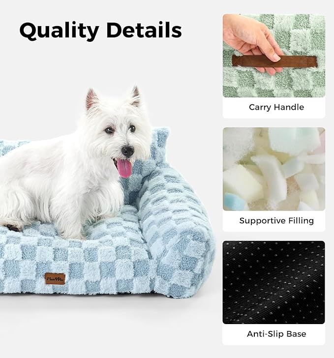 Made4Pets Cat Beds for Indoor Cats, Cat Couch Bed, Soft Faux Fur Checkered Pet Sofa, Calming Fluffy Kitten Sofa with Supportive Foam, Removable Washable Cover with Non-Slip Base, Sky Blue, Small
