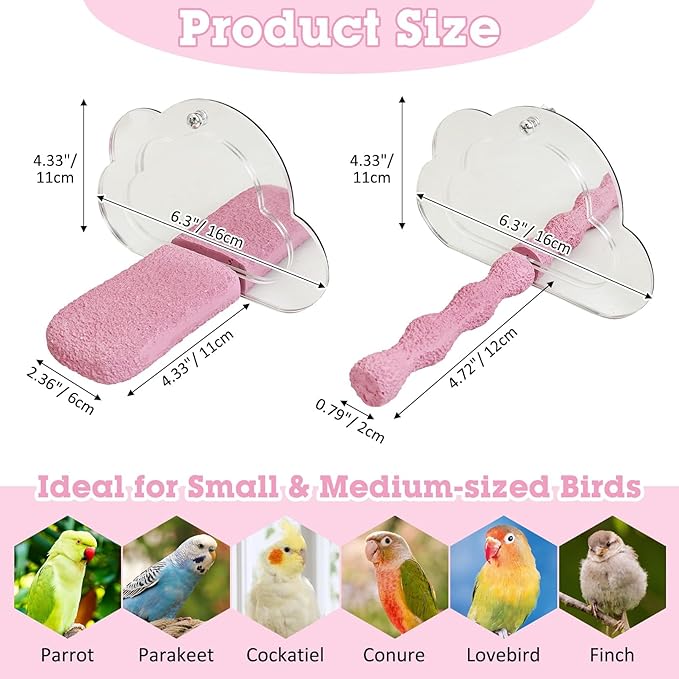 PINVNBY 2 PCS Bird Perch with Mirror Resin Parakeet Perches Hanging Parrot Toys Interactive Bird Cage Accessories for Cockatiel Conure Lovebird Finch (Pink)