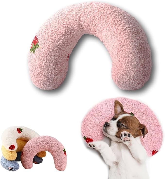 U-Shaped Calming Pillow for Cats and Dogs - Super Soft Plush Fabric, Cozy Headrest, Neck Support for Deep Sleep, Kitten Headrest, Pet Bed (Blue + Pink)