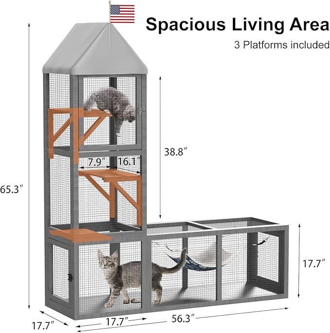 Cat Catio with Tunnel, 2 in 1 Outdoor Cat Enclosure Include 1 Catio and 1 Tunnel, Cats Enclosure with Kitten Hammock and Waterproof Cover, Indoor Outdoor Cats Cage Playground with 2 Door
