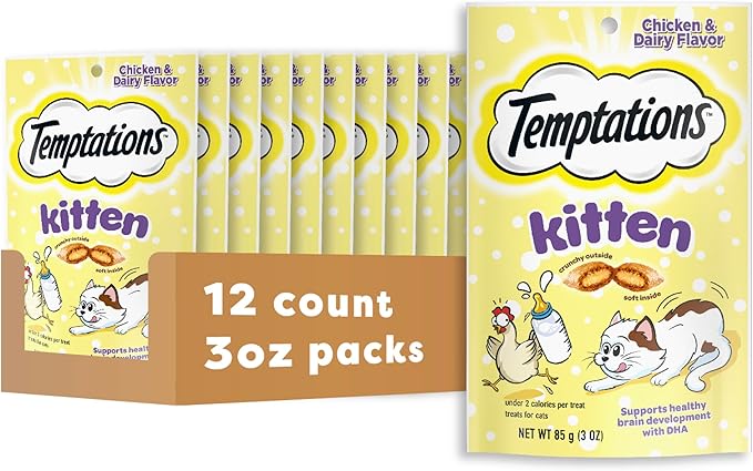 Temptations Kitten Treats Classic Crunchy and Soft Cat Treats, Chicken and Dairy Flavor, 3 oz. Pouch (Pack of 12)