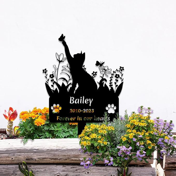 Personalized Cat Grave Marker for Cemetery, Custom Pet Cat Memorial Garden Stake Metal Grave Plaque Cat Memorial Gifts, Customized Flowers Butterfly Cat Memorial Stake Grave Marker with Paw