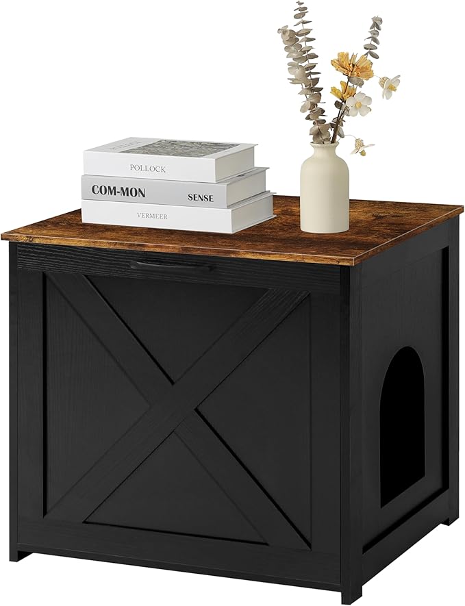 Dwanton Cat Litter Box Furniture Hidden, Cat Litter Box Enclosure, Reversible Entrance Can Be on Left or Right Side, Indoor Cabinet, Wooden Washroom, Nightstand, Black and Rustic Brown, 23.6" L