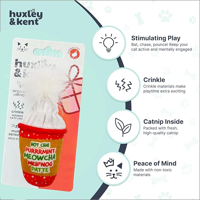 Huxley & Kent Plush Cat Toy - Holiday Interactive Catnip Toy for Cats & Kittens - Soft with Crinkle & Catnip - Fun Indoor Play - Latte My Way