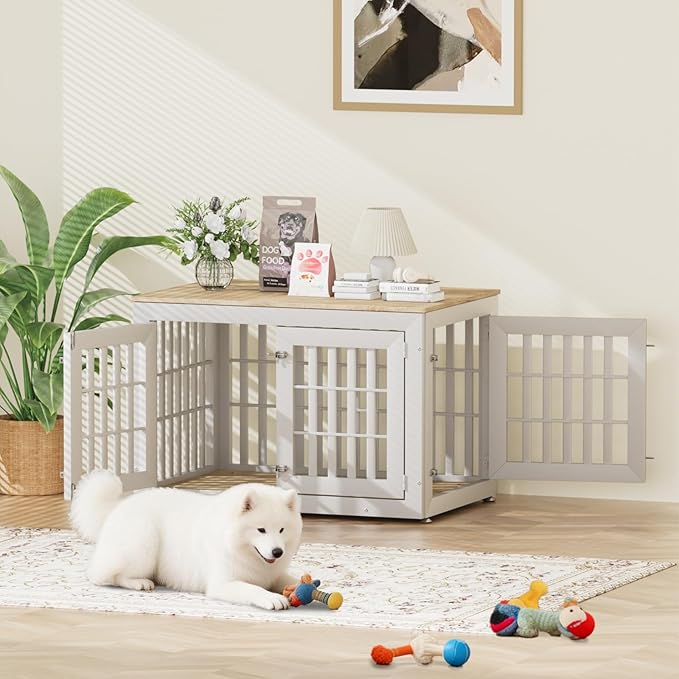 42" Heavy Duty Dog Crate Furniture for Small,Medium and Large Dogs,Rustic Wooden Dog Cage Kennel Indoor Furniture with Waterproof Top,Decorative Pet House Side End Table (White & Wood)