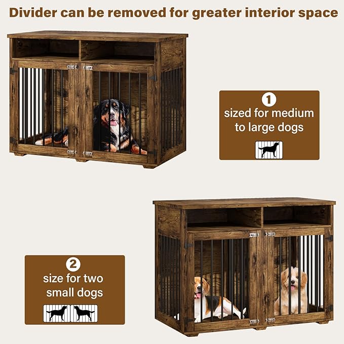 Furniture Dog Crate for Two Dogs, 41 Inch Farmhouse Style Dog Kennel with Removable Divider and Thickened Desktop, Heavy-Duty Base for Small to Medium Dogs, Rustic Brown
