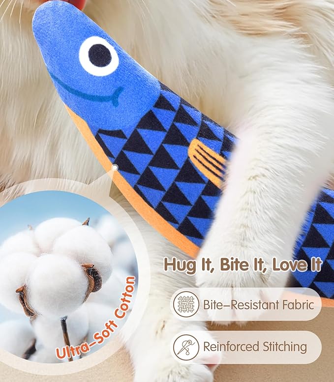 PetBusy Cat Toys with[5000mg A+Natural Catnip &Silvervine] [Baby Grade] Interactive Soft Chew Kicker Cat Toys for Indoor Cats & Kittens, [Crinkle &Bell] Fish Sound Toy, Drives Bored Cat Crazy with Fun