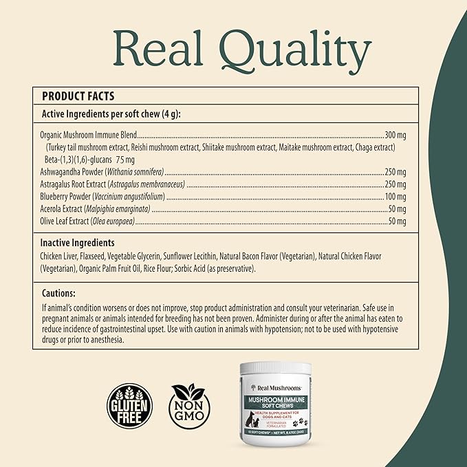 Real Mushroom Immune Pet Chews – For Daily Digestive & Immune Health – Mushrooms for Dogs & Cats Functional Treat – Mushroom Supplement for Dogs & Cats – 1 to 4 Chews For All Breeds & Sizes (60 Count)