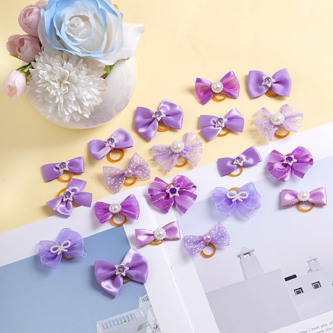 20 PCS Cute Dog Hair Bows with Rubber Bands Elastic Handmade Mix Style Lace Rhinestone Pearls for Furry Puppy Cat Pet Girl, Purple