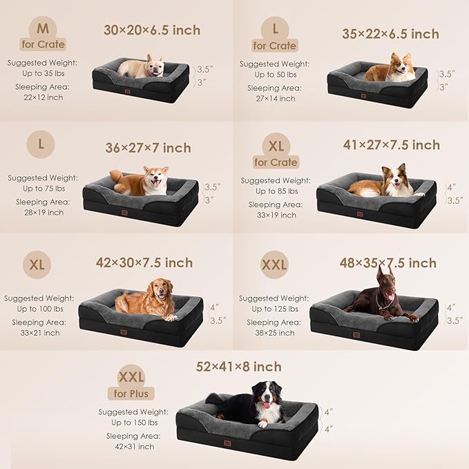 EHEYCIGA Orthopedic XL Dog Bed for Large Sized Dog, 48x35x7.5 Inch Extra Large Memory Foam Dog Couch Bed with Sides, Waterproof Liner & Washable Removable Cover, Bolster Pet Sofa, Grey/Black