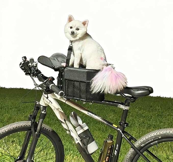 Bike Pet Seat with Internal Safety Tether – Front Bicycle Dog Carrier, Steel Frame Support, Breathable Mesh & Soft Cushion