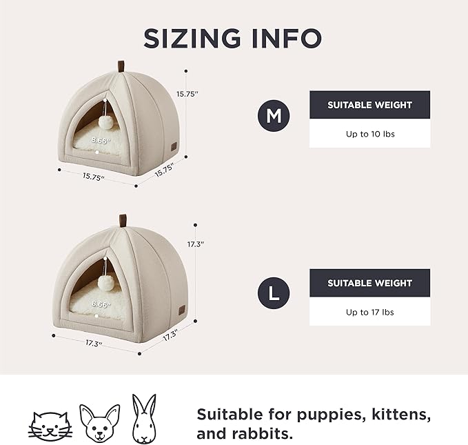 Bedsure Cat Beds for Indoor Cats - 2 in 1 Cat Cave House Tent for Kittens and Small Pets with Removable Washable Cushioned Pillow, Foldable Kitten Hideaway with Non-Slip Bottom, Beige, 17.3 inches