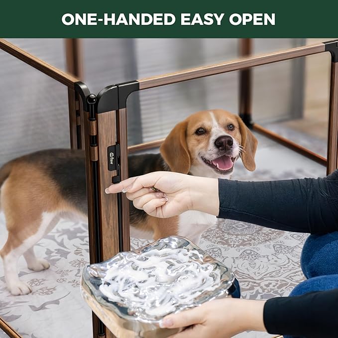 FXW AuraSpace Pro Metal & Acrylic Indoor Dog Playpen, All-Acrylic Clear Heavy-Duty Design, 32" Height 8 Panels for Small and Medium Dogs, Walnut│Patented