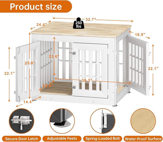 32" Heavy Duty Dog Crate Furniture for Small,Medium and Large Dogs,Rustic Wooden Dog Cage Kennel Indoor Furniture with Waterproof Top,Decorative Pet House Side End Table (White & Wood)